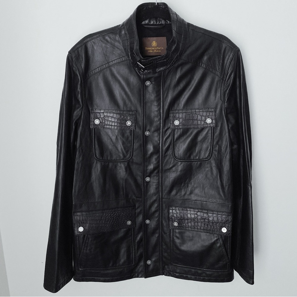 Domenico Vacca Black Lamb Leather Crocodile Skin Moto Cargo Jacket Coat L Italy